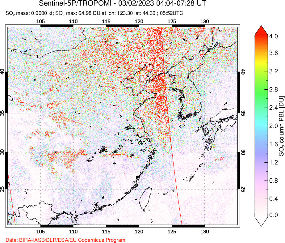 A sulfur dioxide image over Eastern China on Mar 02, 2023.