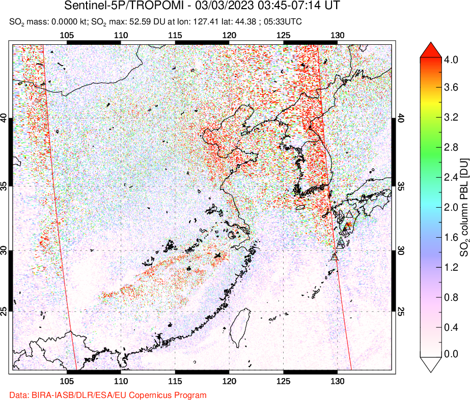 A sulfur dioxide image over Eastern China on Mar 03, 2023.