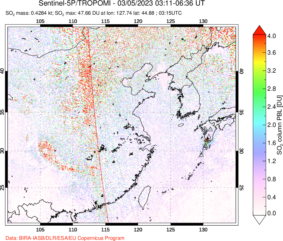 A sulfur dioxide image over Eastern China on Mar 05, 2023.
