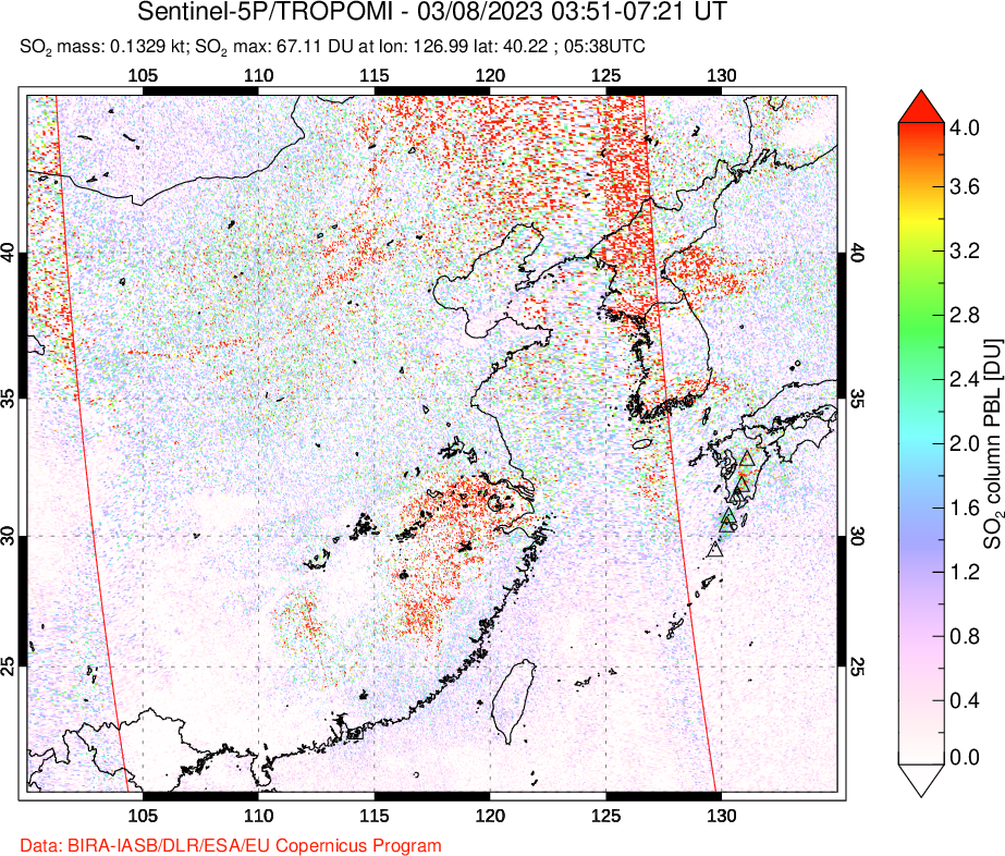 A sulfur dioxide image over Eastern China on Mar 08, 2023.
