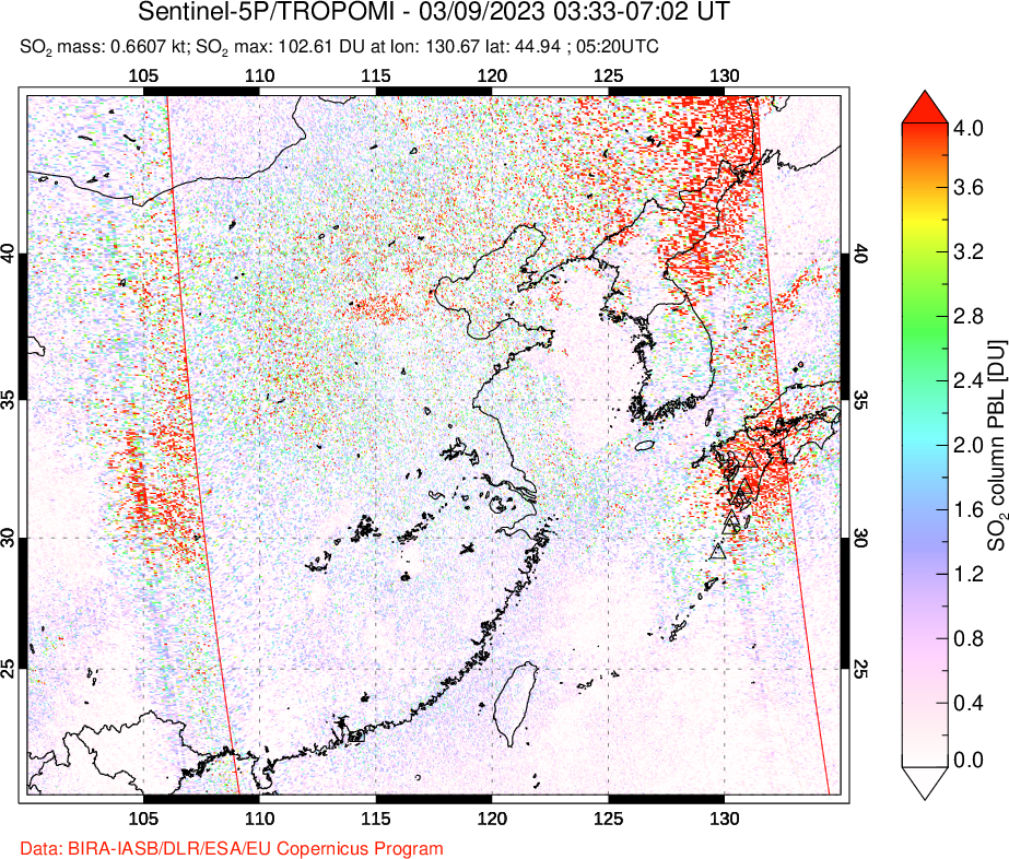 A sulfur dioxide image over Eastern China on Mar 09, 2023.