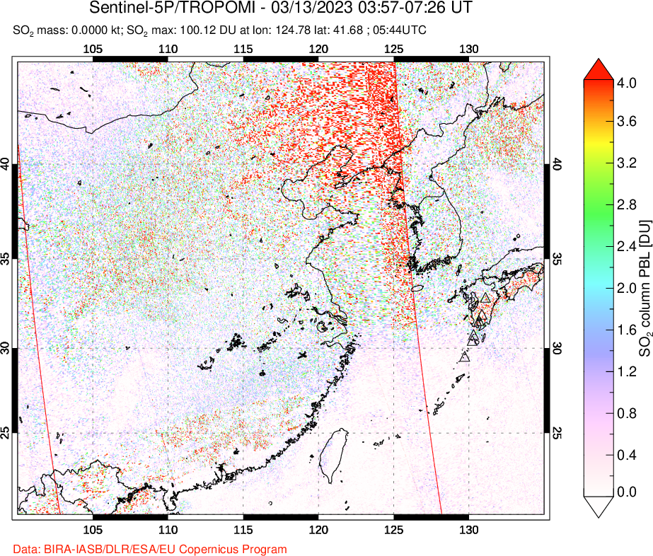 A sulfur dioxide image over Eastern China on Mar 13, 2023.