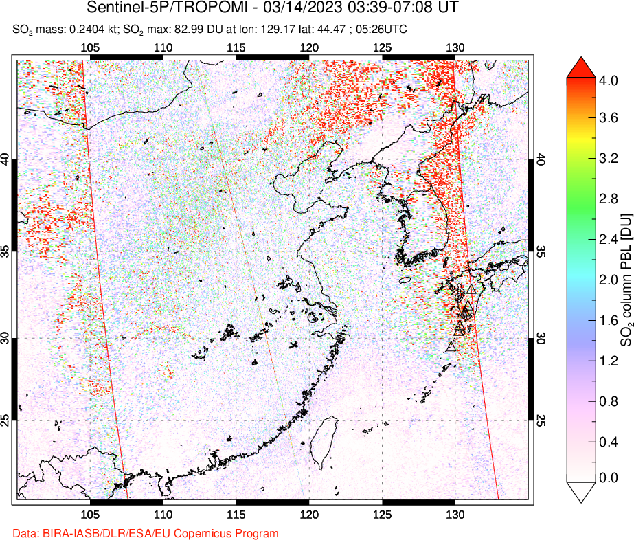 A sulfur dioxide image over Eastern China on Mar 14, 2023.