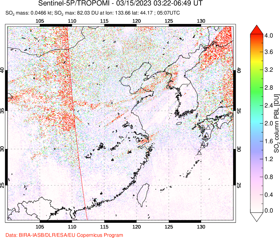 A sulfur dioxide image over Eastern China on Mar 15, 2023.