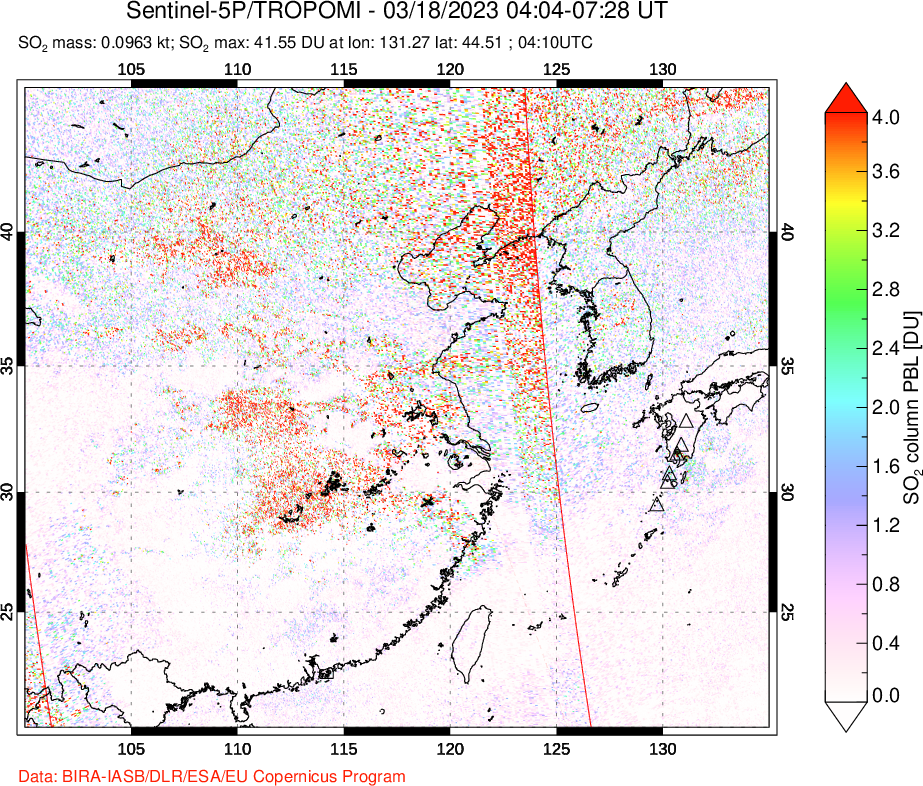 A sulfur dioxide image over Eastern China on Mar 18, 2023.