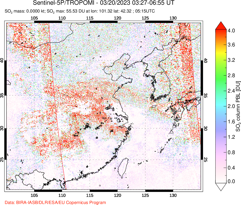 A sulfur dioxide image over Eastern China on Mar 20, 2023.