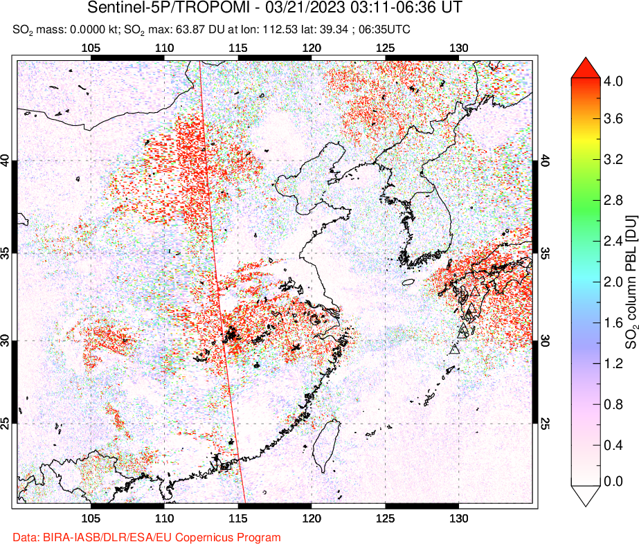 A sulfur dioxide image over Eastern China on Mar 21, 2023.