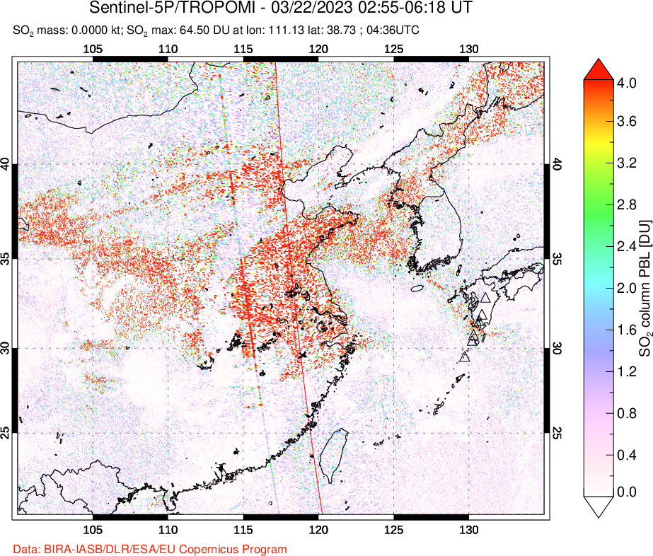 A sulfur dioxide image over Eastern China on Mar 22, 2023.