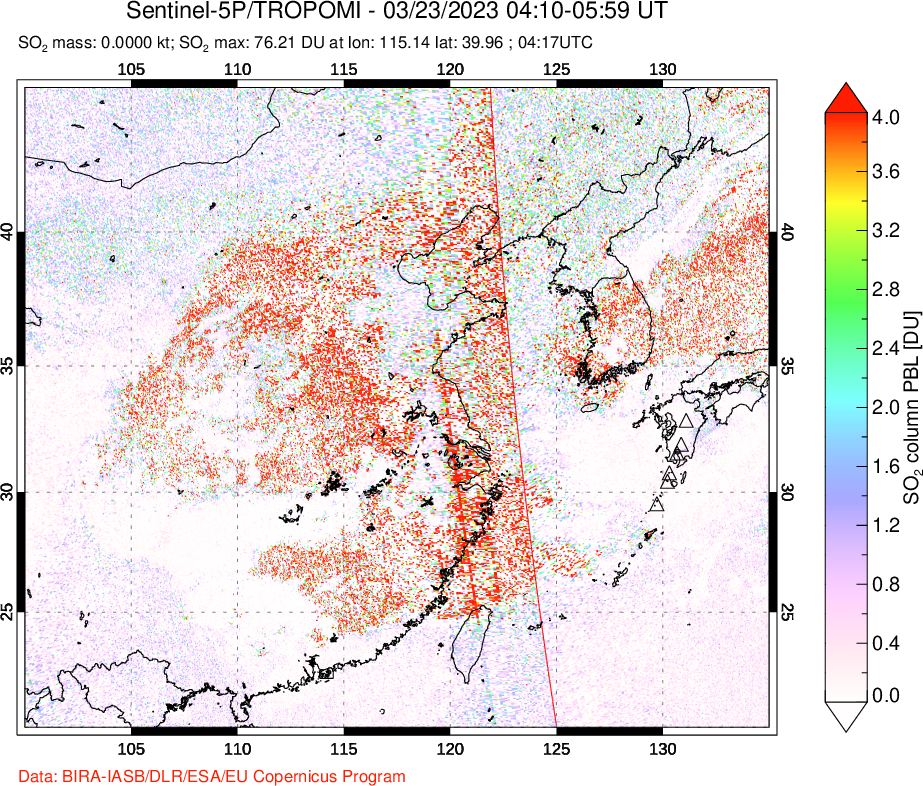 A sulfur dioxide image over Eastern China on Mar 23, 2023.