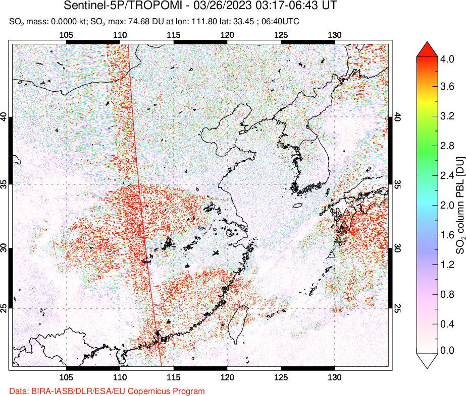 A sulfur dioxide image over Eastern China on Mar 26, 2023.