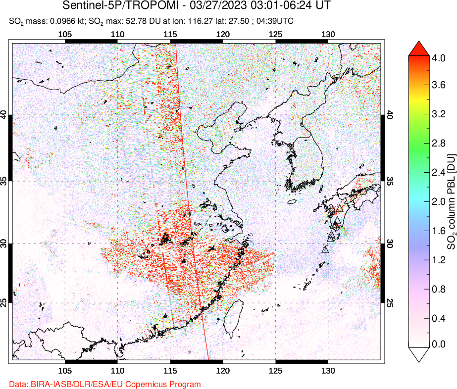 A sulfur dioxide image over Eastern China on Mar 27, 2023.