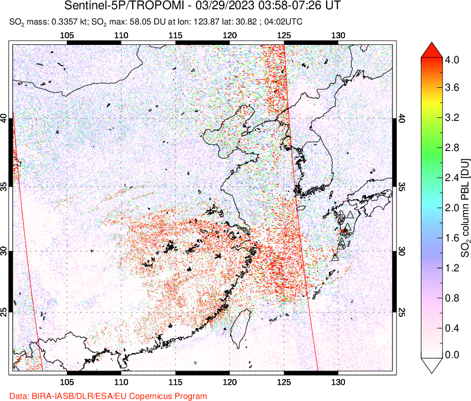 A sulfur dioxide image over Eastern China on Mar 29, 2023.