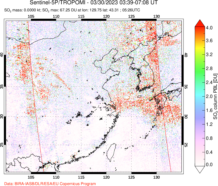 A sulfur dioxide image over Eastern China on Mar 30, 2023.