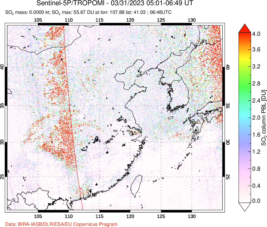 A sulfur dioxide image over Eastern China on Mar 31, 2023.