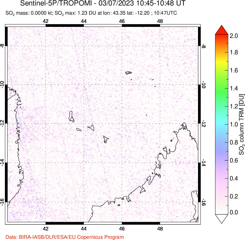 A sulfur dioxide image over Comoro Islands on Mar 07, 2023.