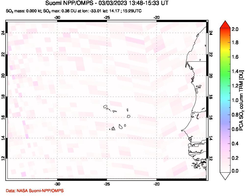 A sulfur dioxide image over Cape Verde Islands on Mar 03, 2023.