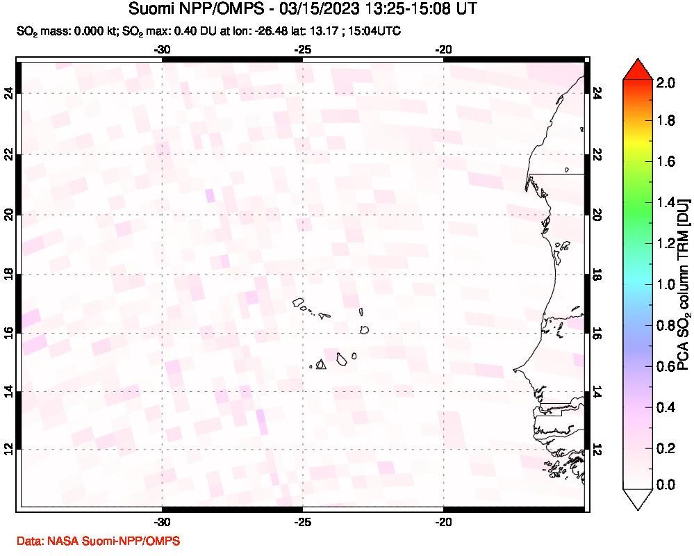 A sulfur dioxide image over Cape Verde Islands on Mar 15, 2023.
