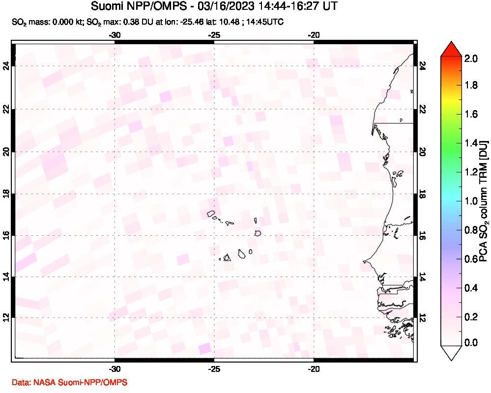 A sulfur dioxide image over Cape Verde Islands on Mar 16, 2023.