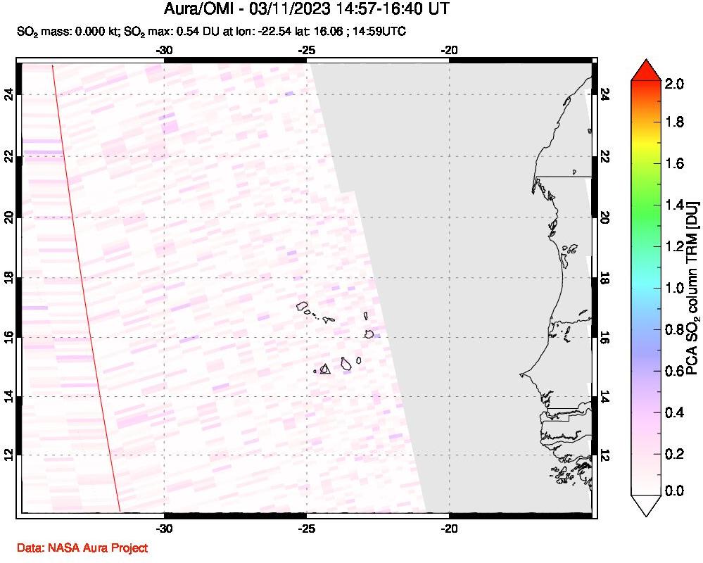 A sulfur dioxide image over Cape Verde Islands on Mar 11, 2023.