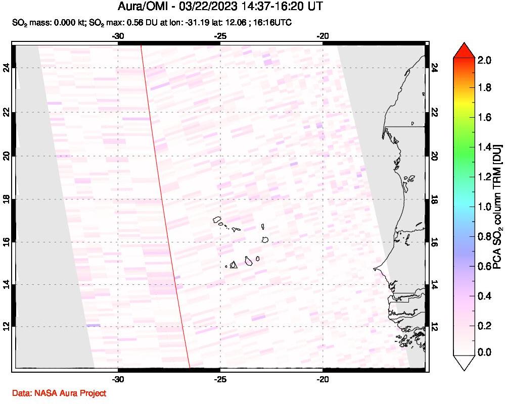 A sulfur dioxide image over Cape Verde Islands on Mar 22, 2023.
