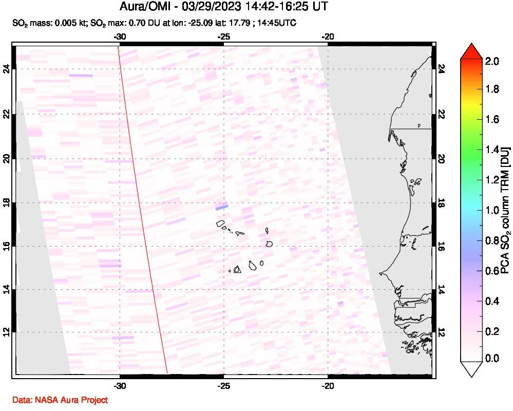 A sulfur dioxide image over Cape Verde Islands on Mar 29, 2023.