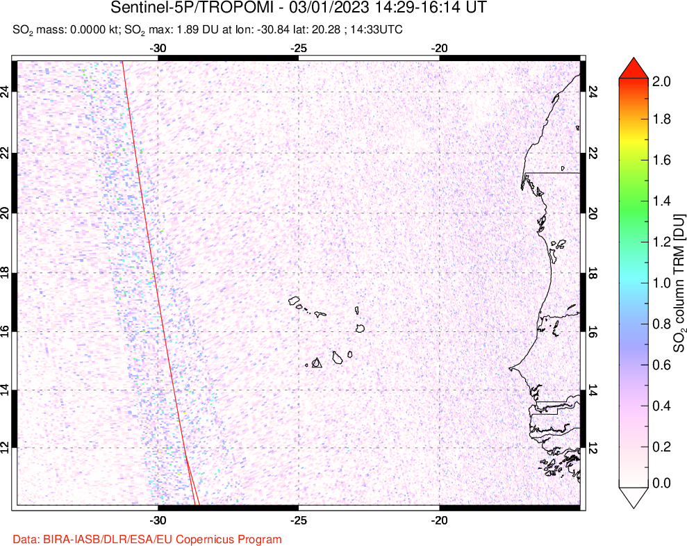 A sulfur dioxide image over Cape Verde Islands on Mar 01, 2023.