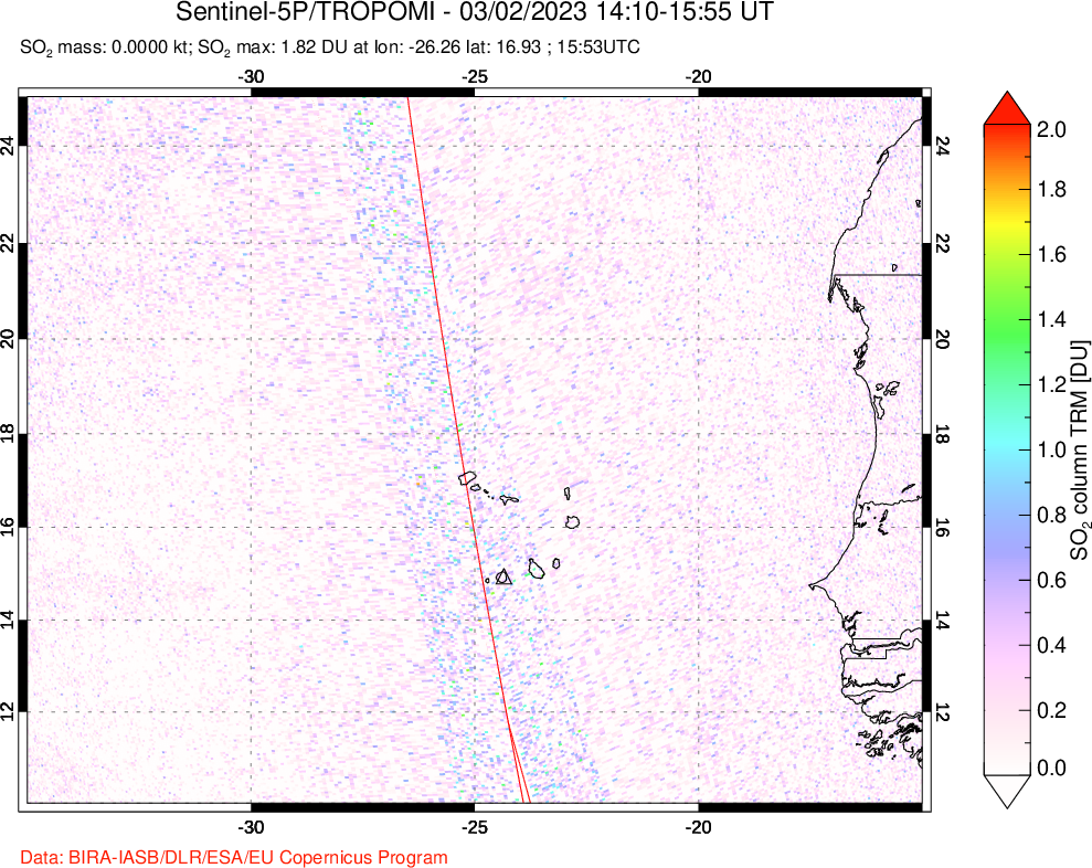 A sulfur dioxide image over Cape Verde Islands on Mar 02, 2023.