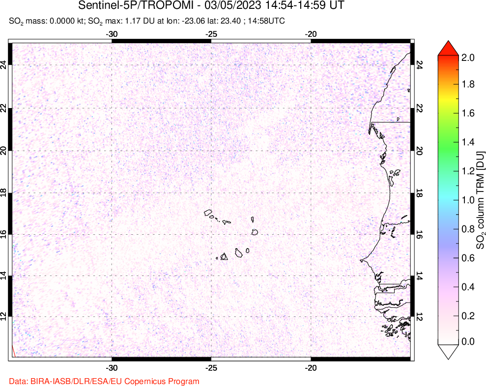 A sulfur dioxide image over Cape Verde Islands on Mar 05, 2023.