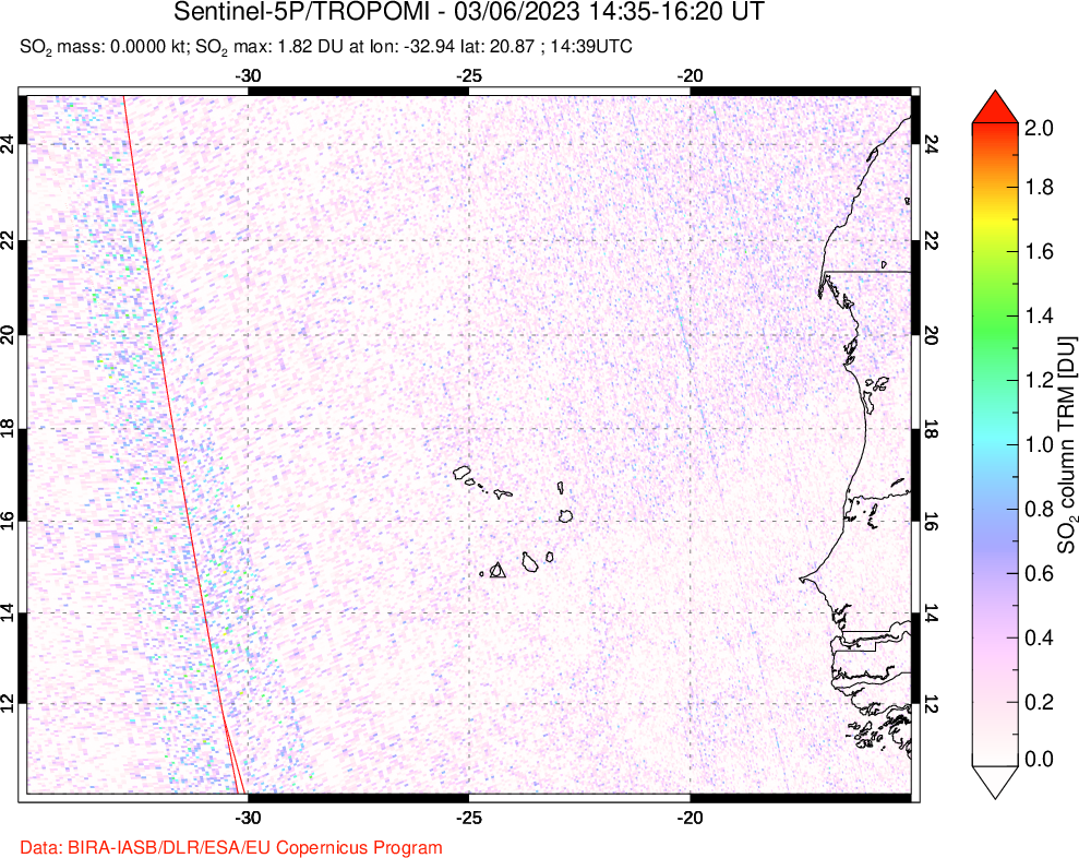 A sulfur dioxide image over Cape Verde Islands on Mar 06, 2023.