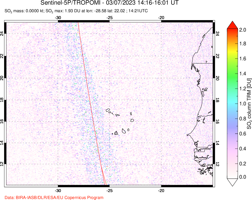 A sulfur dioxide image over Cape Verde Islands on Mar 07, 2023.