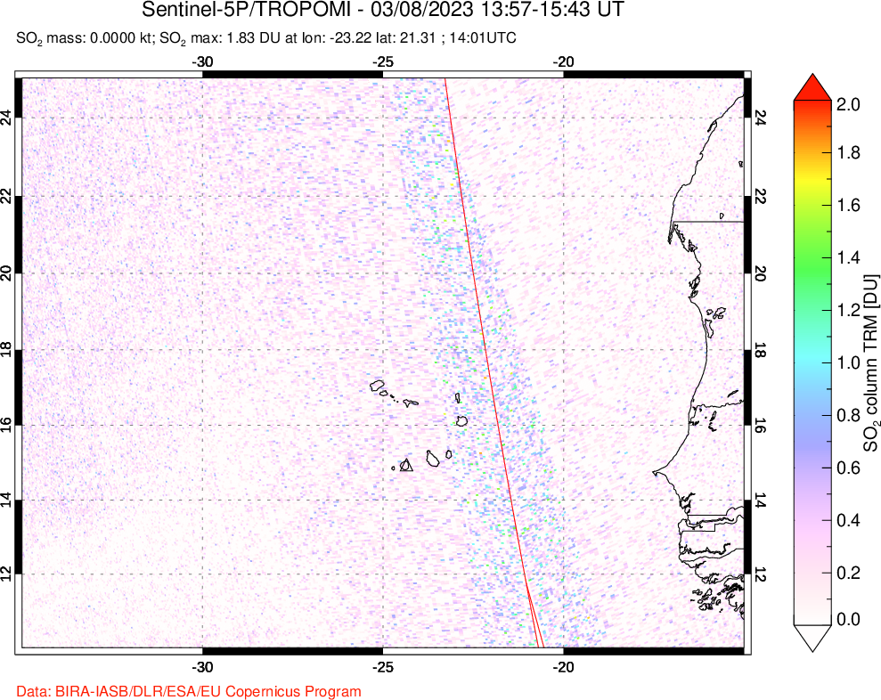A sulfur dioxide image over Cape Verde Islands on Mar 08, 2023.