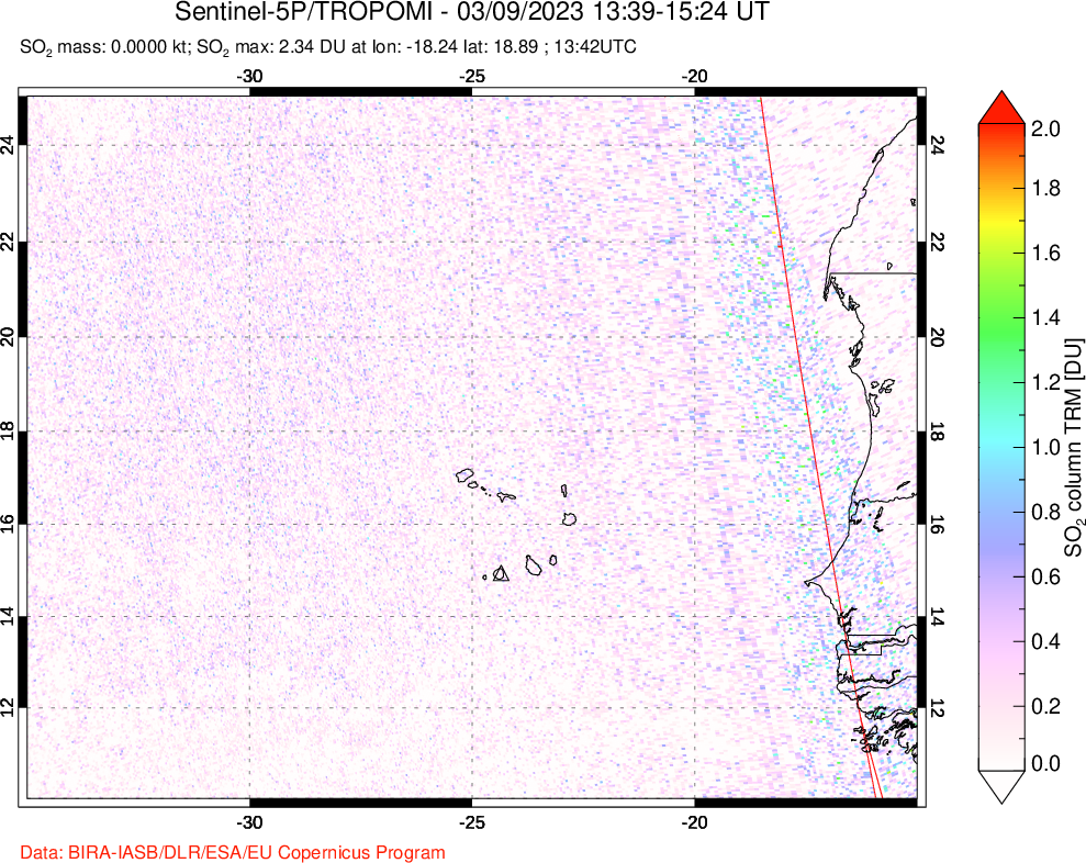 A sulfur dioxide image over Cape Verde Islands on Mar 09, 2023.