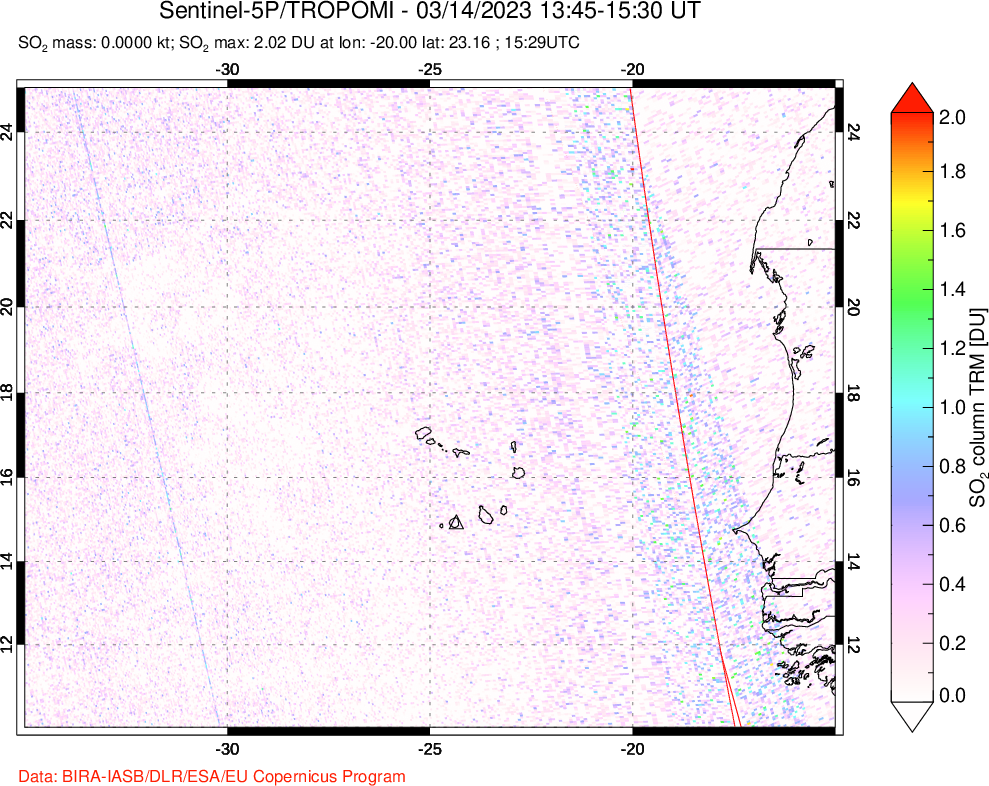 A sulfur dioxide image over Cape Verde Islands on Mar 14, 2023.