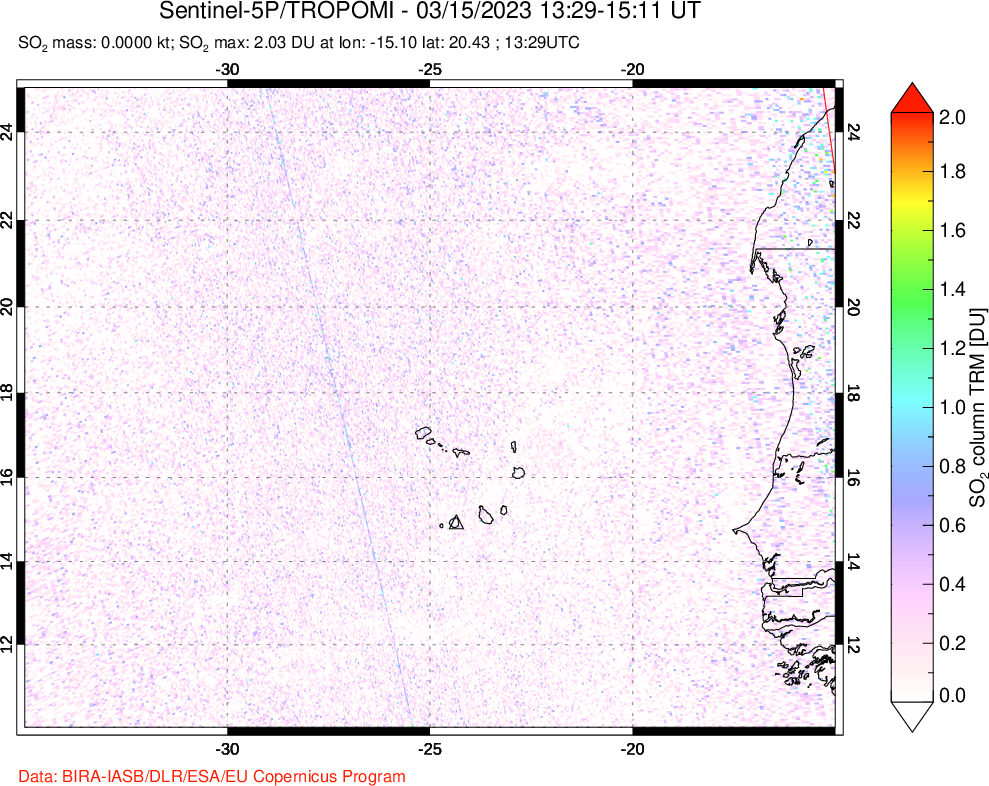 A sulfur dioxide image over Cape Verde Islands on Mar 15, 2023.