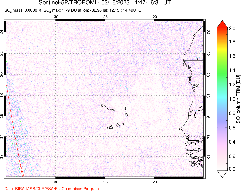 A sulfur dioxide image over Cape Verde Islands on Mar 16, 2023.