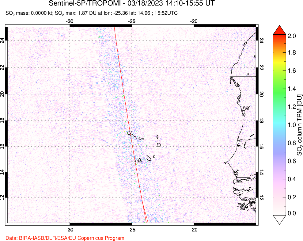 A sulfur dioxide image over Cape Verde Islands on Mar 18, 2023.