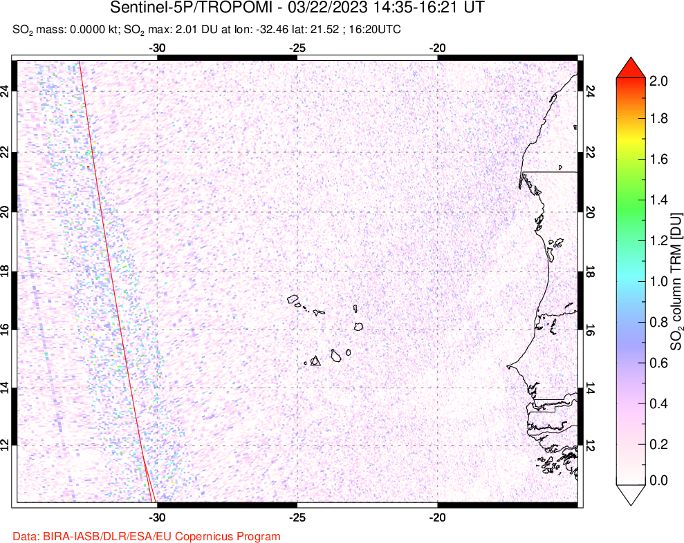 A sulfur dioxide image over Cape Verde Islands on Mar 22, 2023.