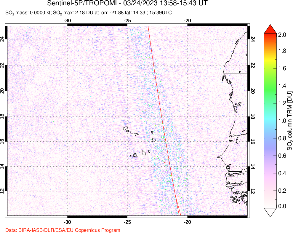 A sulfur dioxide image over Cape Verde Islands on Mar 24, 2023.