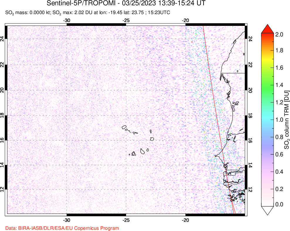A sulfur dioxide image over Cape Verde Islands on Mar 25, 2023.