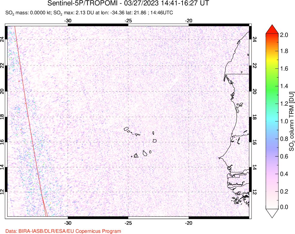 A sulfur dioxide image over Cape Verde Islands on Mar 27, 2023.