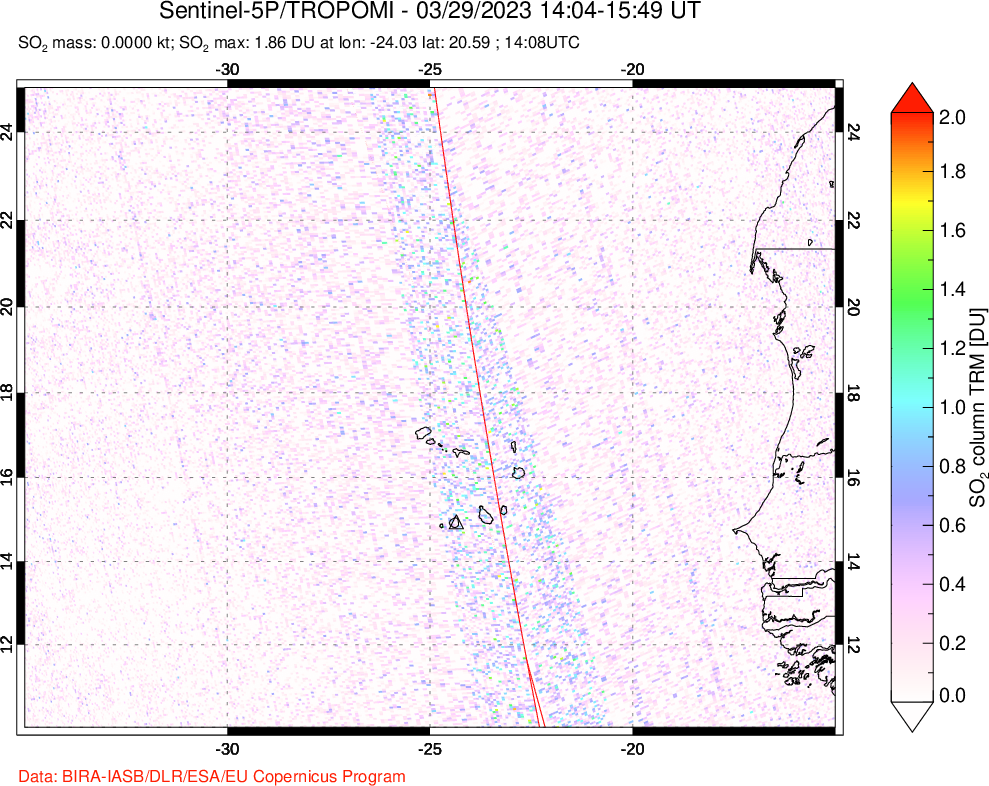 A sulfur dioxide image over Cape Verde Islands on Mar 29, 2023.