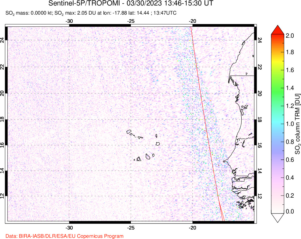 A sulfur dioxide image over Cape Verde Islands on Mar 30, 2023.