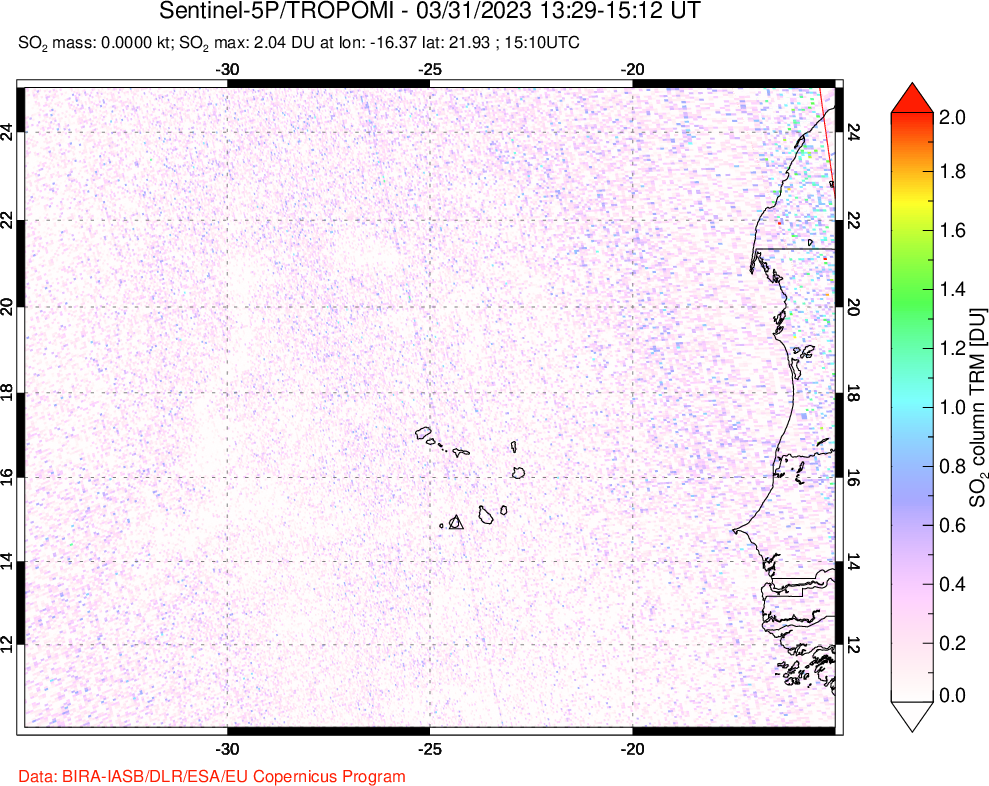 A sulfur dioxide image over Cape Verde Islands on Mar 31, 2023.