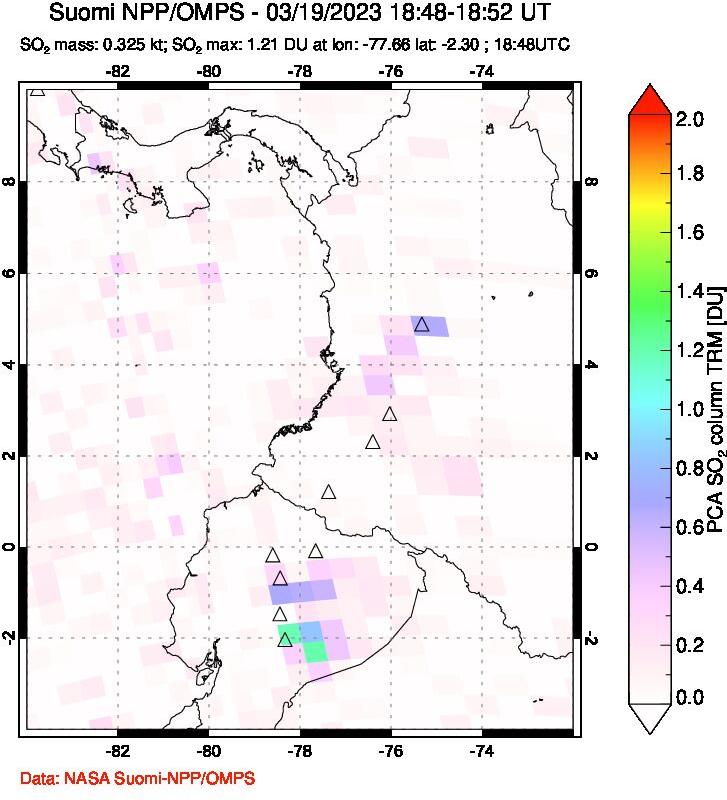 A sulfur dioxide image over Ecuador on Mar 19, 2023.