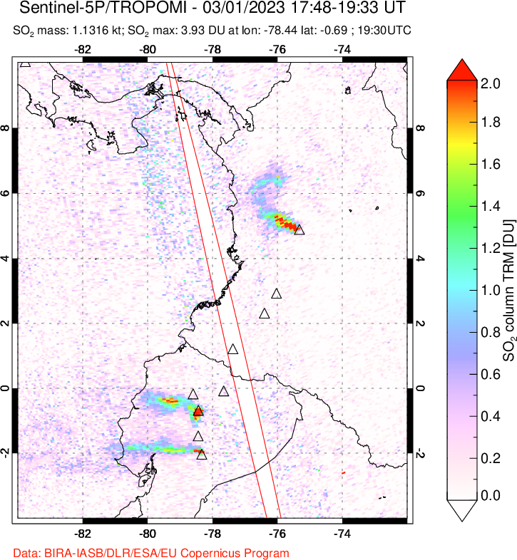 A sulfur dioxide image over Ecuador on Mar 01, 2023.