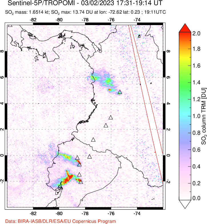 A sulfur dioxide image over Ecuador on Mar 02, 2023.