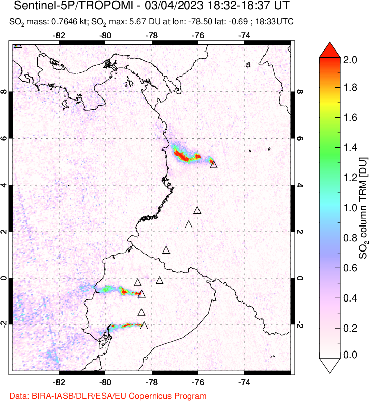 A sulfur dioxide image over Ecuador on Mar 04, 2023.