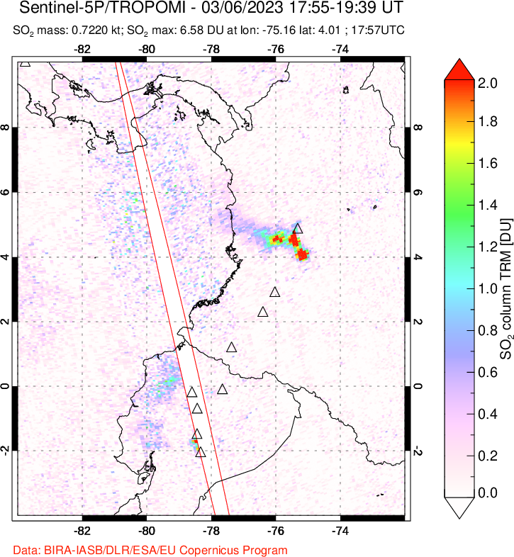 A sulfur dioxide image over Ecuador on Mar 06, 2023.