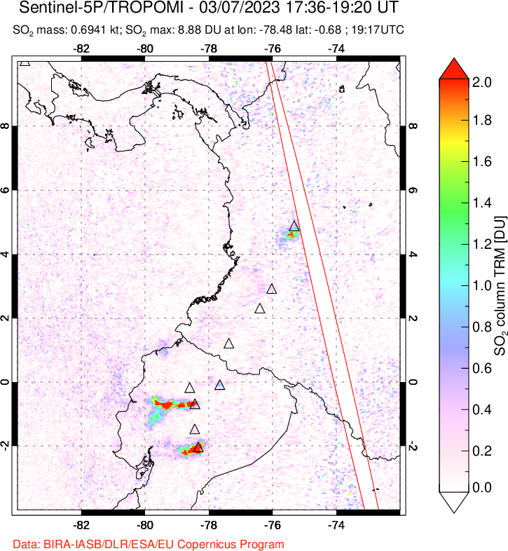 A sulfur dioxide image over Ecuador on Mar 07, 2023.