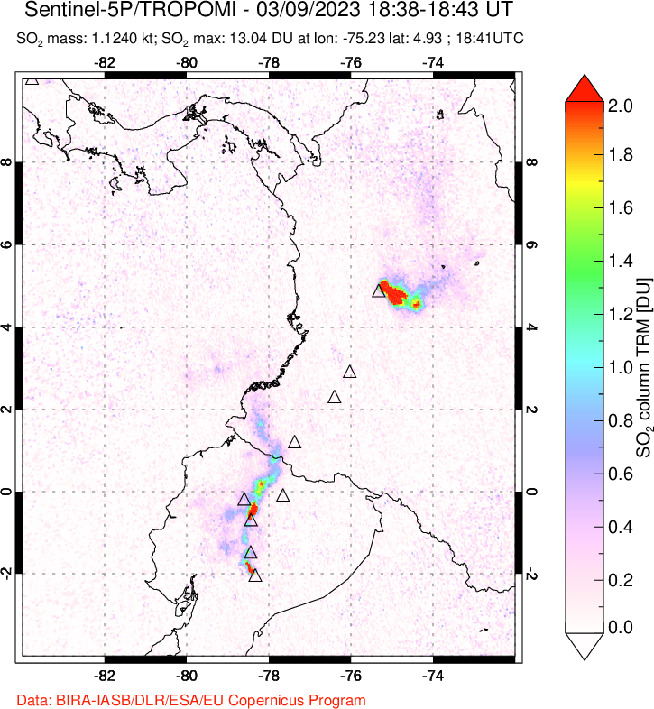 A sulfur dioxide image over Ecuador on Mar 09, 2023.